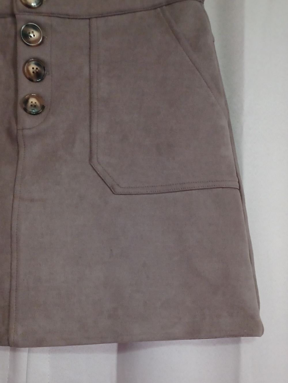HYFVE Taupe Faux Suede A-Line Mini Skirt Button Closure Pockets High Waisted - Picture 7 of 16